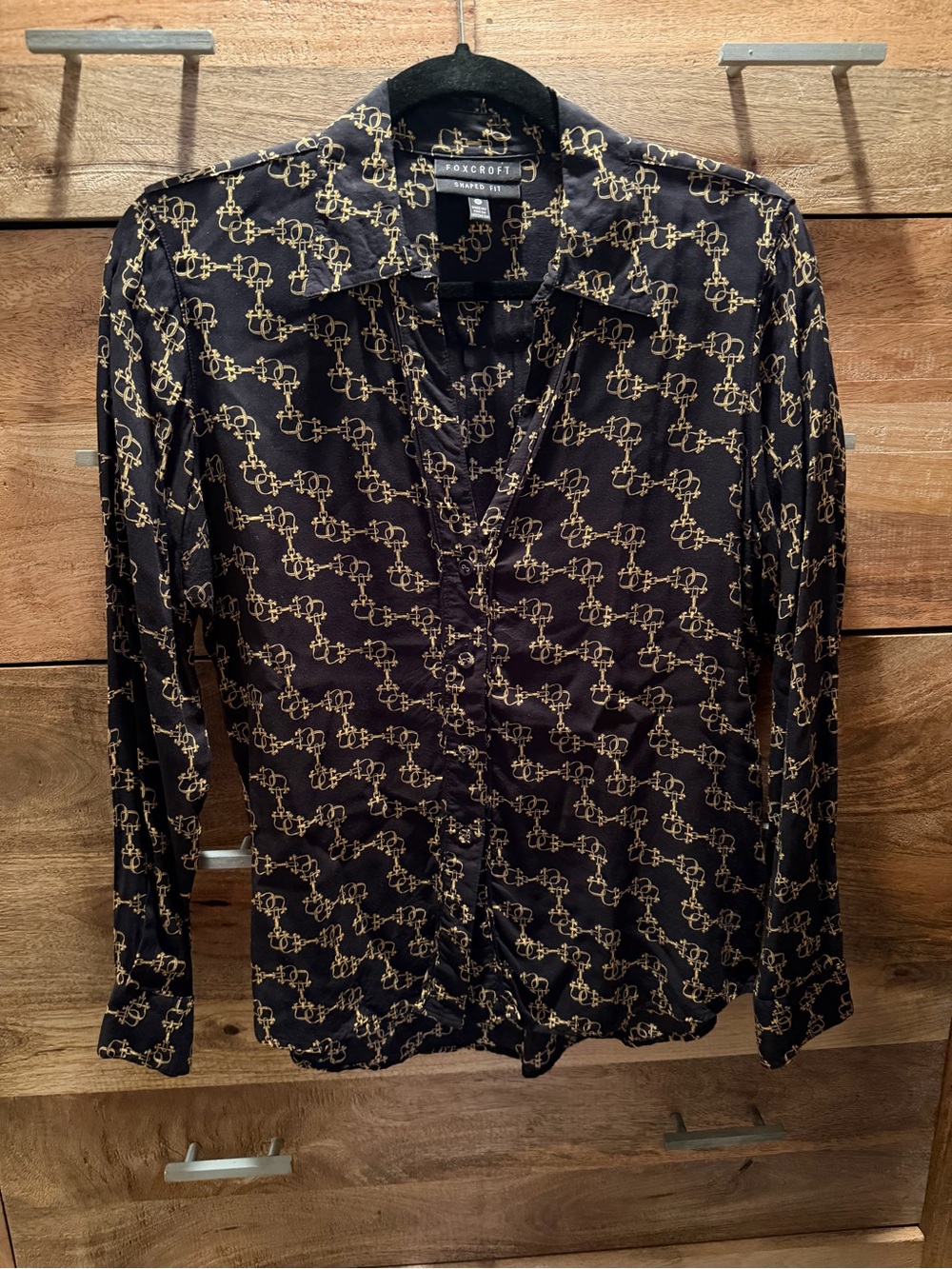 Foxcroft Black Button-Front Shirt with Gold Chain Print
